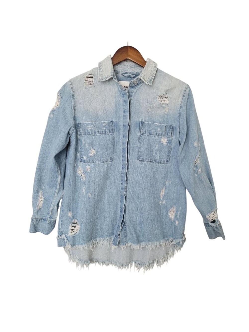 Pistola Distressed Button-Down Denim Shirt Size XS Blue Frayed Hem NWOT